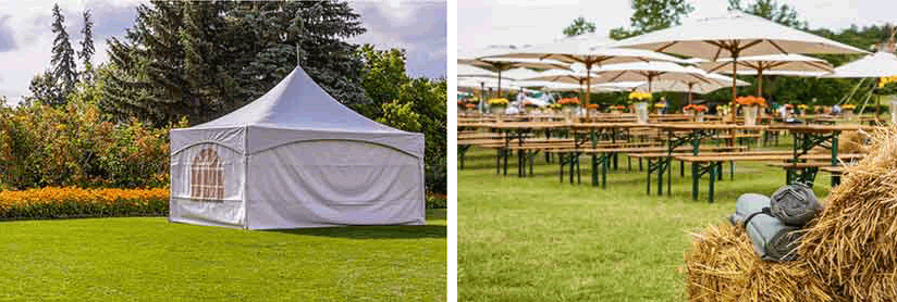 beer tent, benches and tables